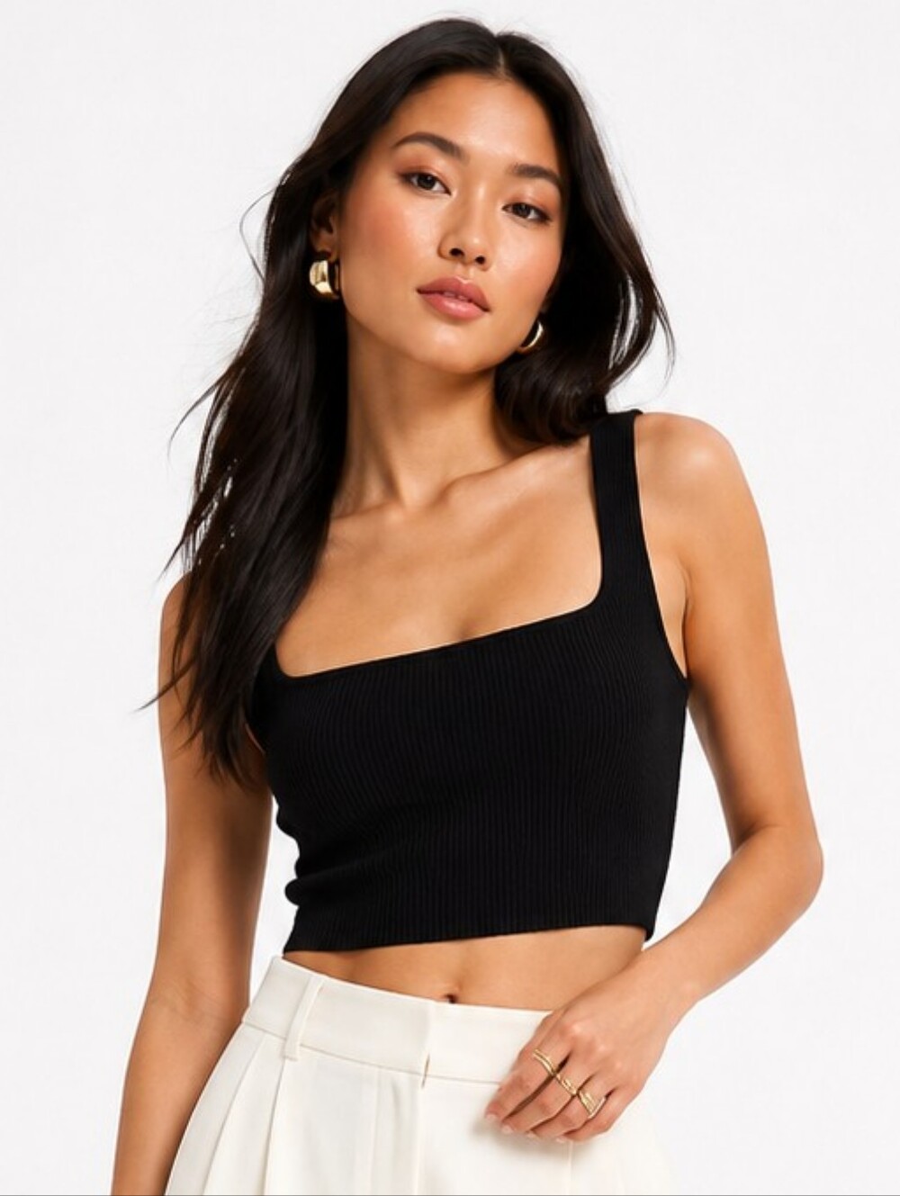 House of Harlow 1960 Black Ribbed Knit Square Neck Crop Tank XL